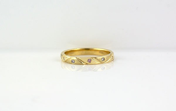 Wedding Ring Engraved Textured Pink & Champagne Diamonds