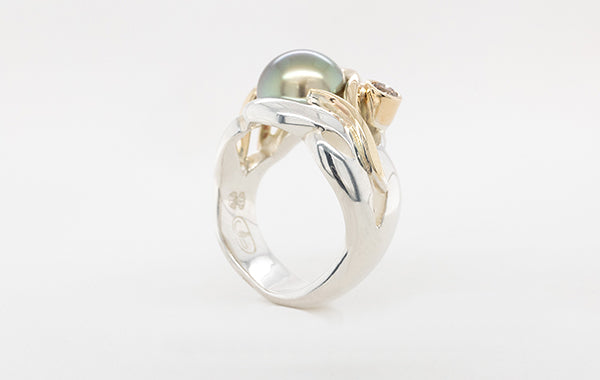 Pearl & Champagne Diamond Ring 9-9.2mm Semi Round