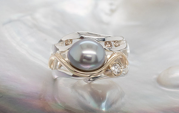 Pearl, White Diamond & Champagne Diamond Ring