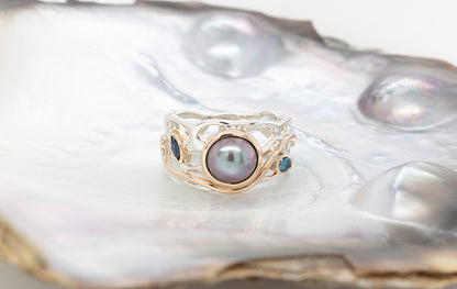 Coral Pearl, Sapphire & Blue Diamond Ring