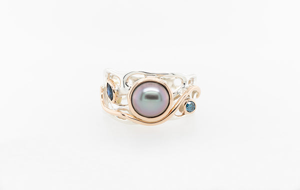 Coral Pearl, Sapphire & Blue Diamond Ring