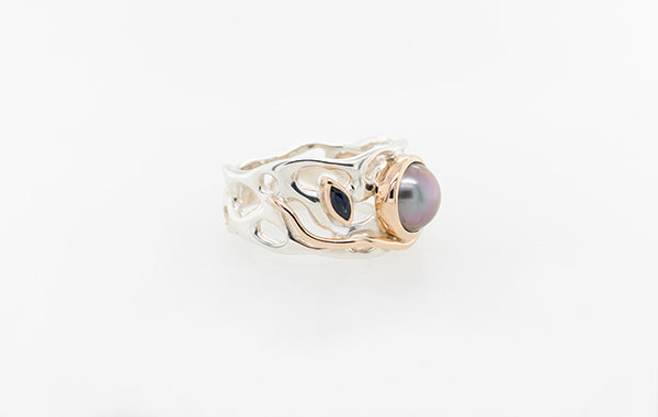 Coral Pearl, Sapphire & Blue Diamond Ring