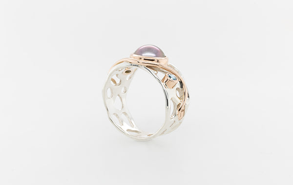 Coral Pearl, Sapphire & Blue Diamond Ring