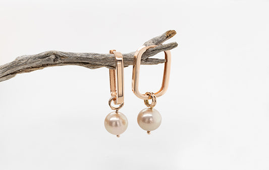 Pearl Peach Rectangle Huggies Earrings