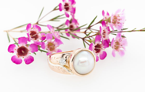 Mabe Pearl Hand Engraved Floral Ring