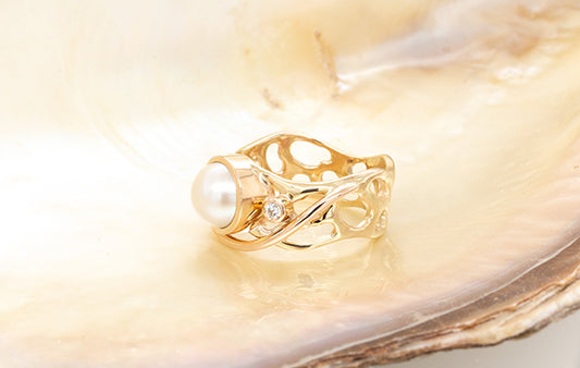 Pearl Akoya & Coral Diamond Ring