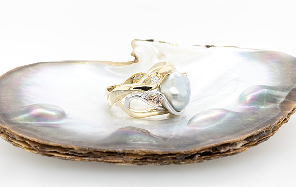 Pearl, White and Pink Diamond Swirl Ring 