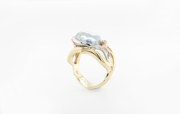 Pearl, White and Pink Diamond Swirl Ring 