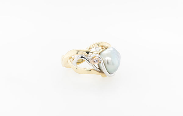 Pearl, White and Pink Diamond Swirl Ring 