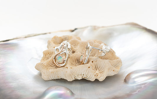 Coral Opal Wire Stud Earrings