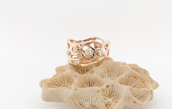 Coral and White Diamond Rose Ring 