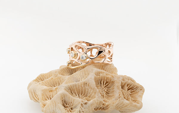 Coral and White Diamond Rose Ring 