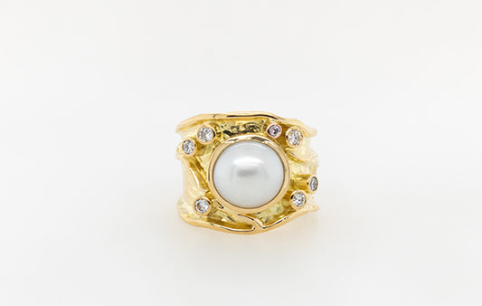 South Sea Pearl, Pink and White Diamond Molten Ring