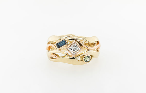 Princess Cut Diamond and Blue/Green Sapphire Ring