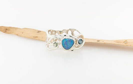 Opal ring with Green Sapphire and Light Blue Toaz