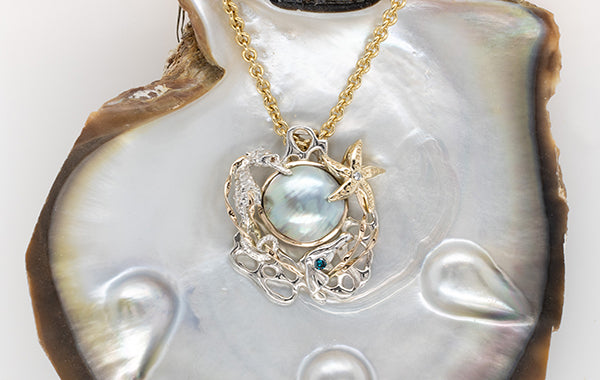 Sea Creatures, Blue, Champagne, White Diamond and Mabe Pendant  