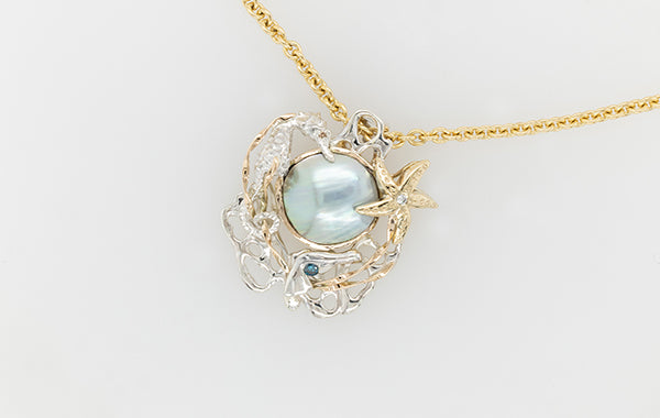 Sea Creatures, Blue, Champagne, White Diamond and Mabe Pendant  