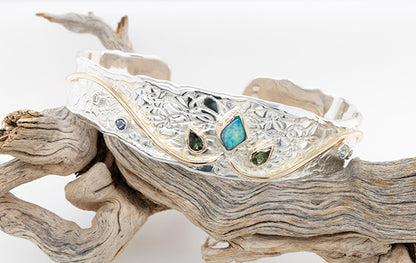 Embossed Opal, Sapphire, Aquamarine and Diamond Cuff