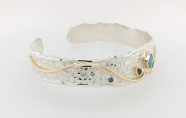 Embossed Opal, Sapphire, Aquamarine and Diamond Cuff