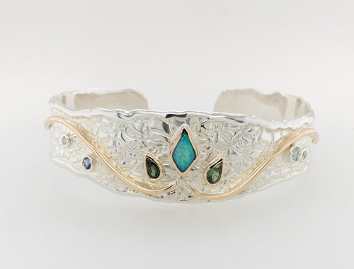 Embossed Opal, Sapphire, Aquamarine and Diamond Cuff