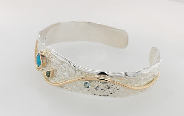 Embossed Opal, Sapphire, Aquamarine and Diamond Cuff