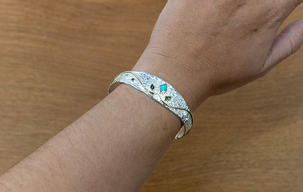 Embossed Opal, Sapphire, Aquamarine and Diamond Cuff