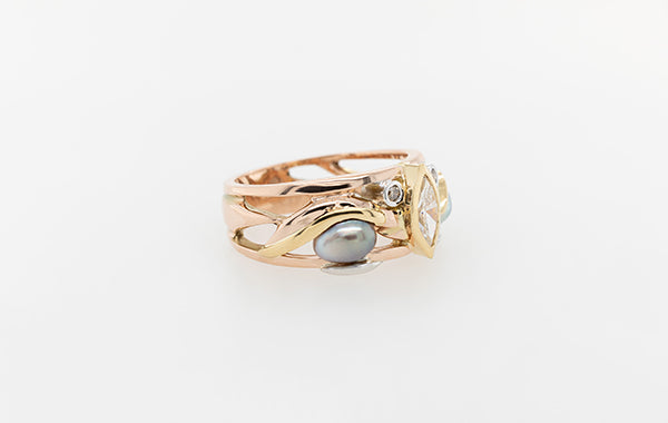 Marquise Diamond and Keshi Pearl Ring