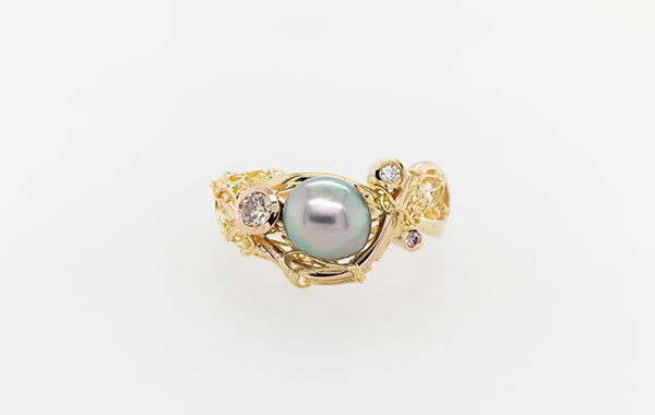 Pink, Champagne & Whatie Diamond & Pearl French knitted Ring