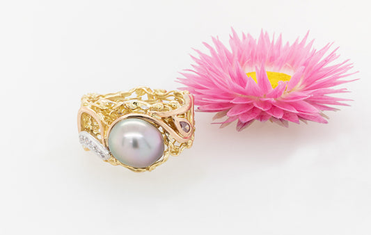 French Knitted 3 Tone Diamond & Pearl Ring