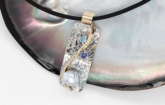 Pearl, Aquamarine & Tanzanite Embossed Pendant