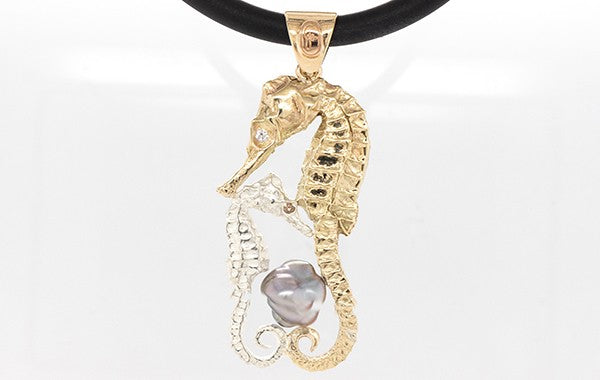 Seahorse Mother and Baby Diamond Keshi Pendant